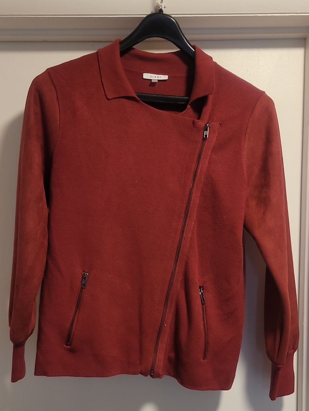 Sioni Rust-Red Asymmetrical Zip Leather-Accent Jacket